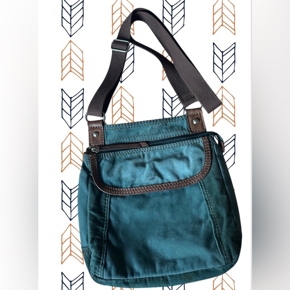 Fossil Teal Green Velvet Corduroy with Brown Leather Trim & Stitching Crossbody